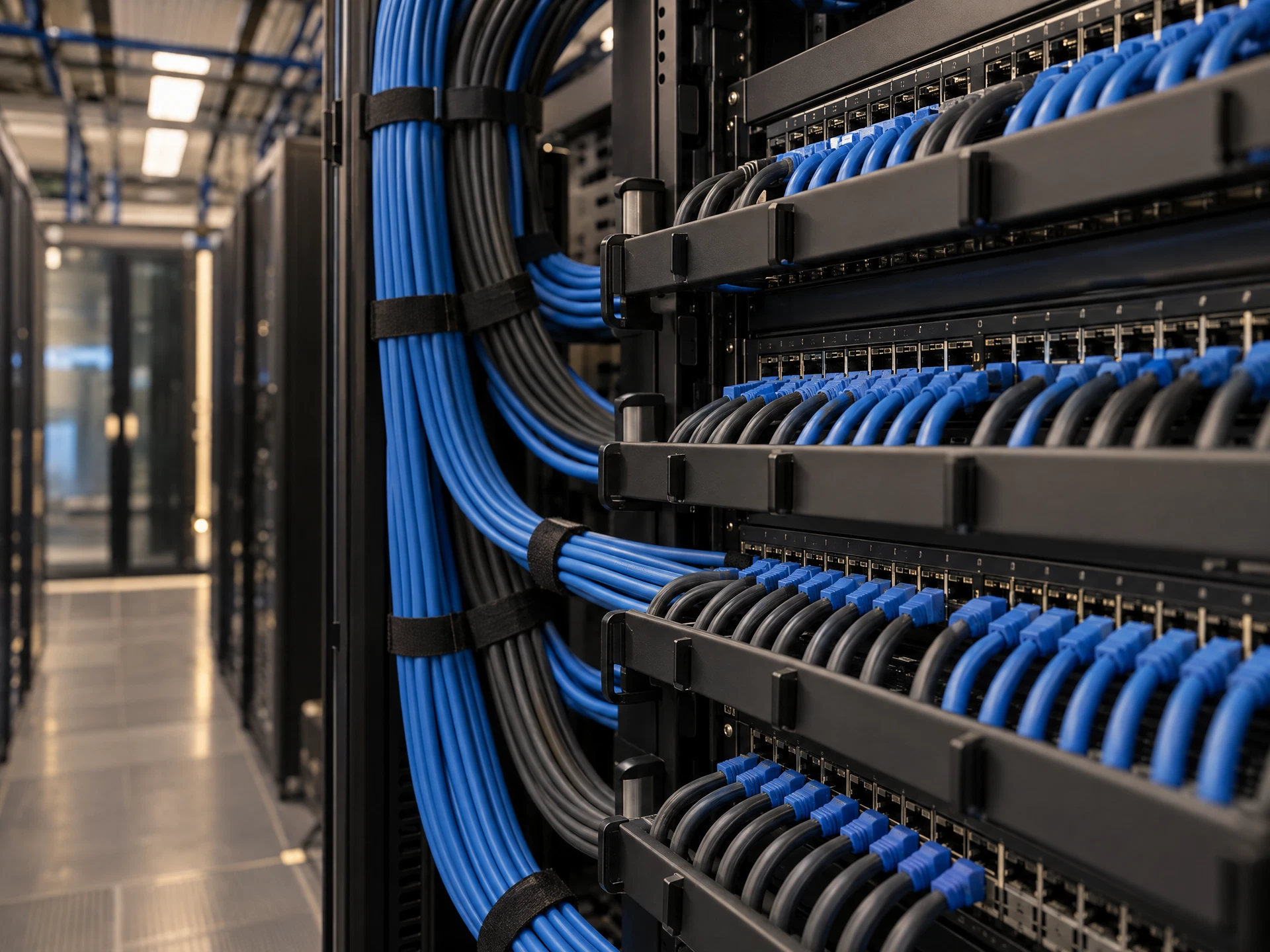 Illustrative image of carefully organized network cabling and server racks