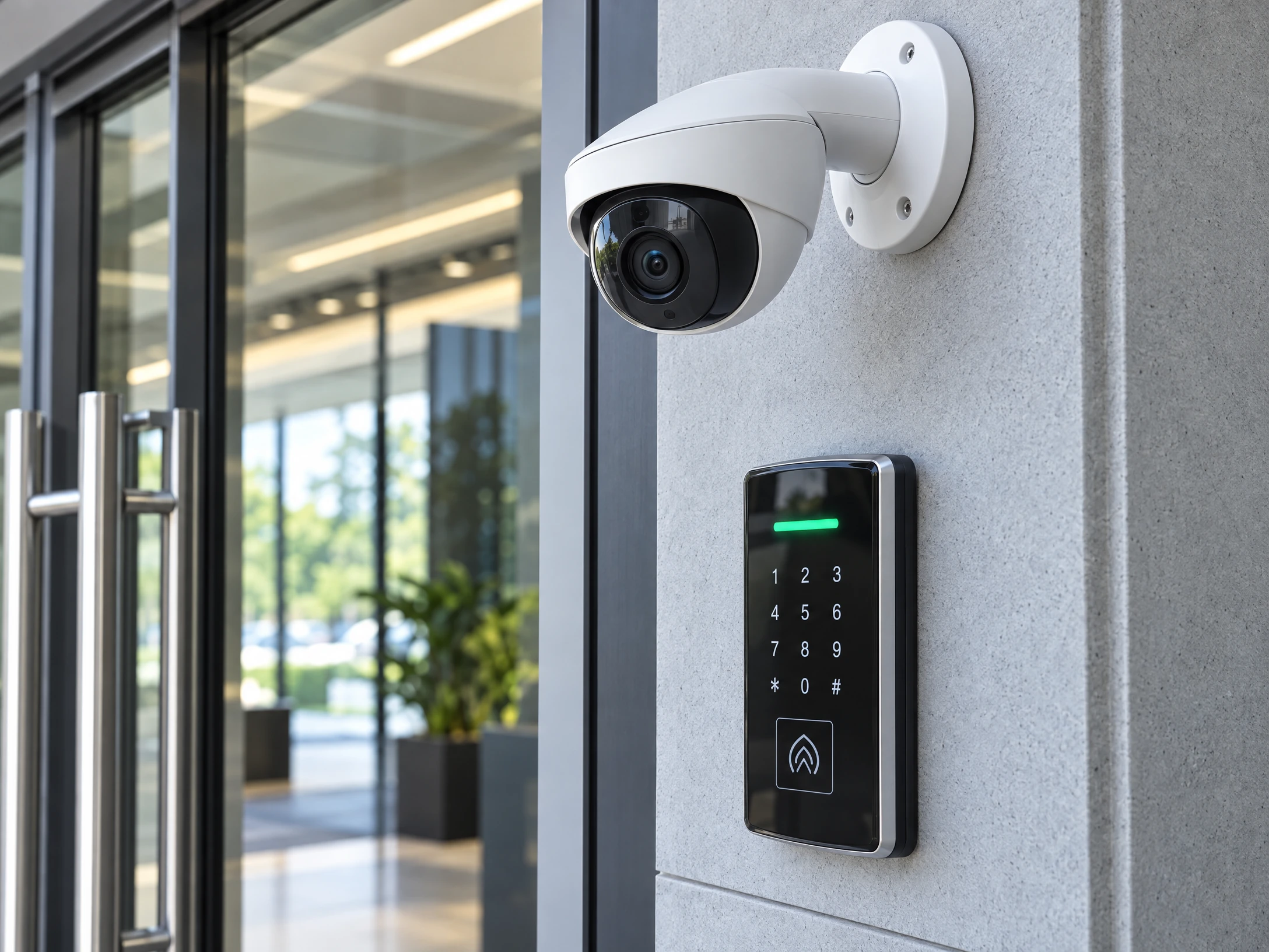Close-up illustrative photograph emphasizing a CCTV camera and electronic access-control reader at a commercial entrance