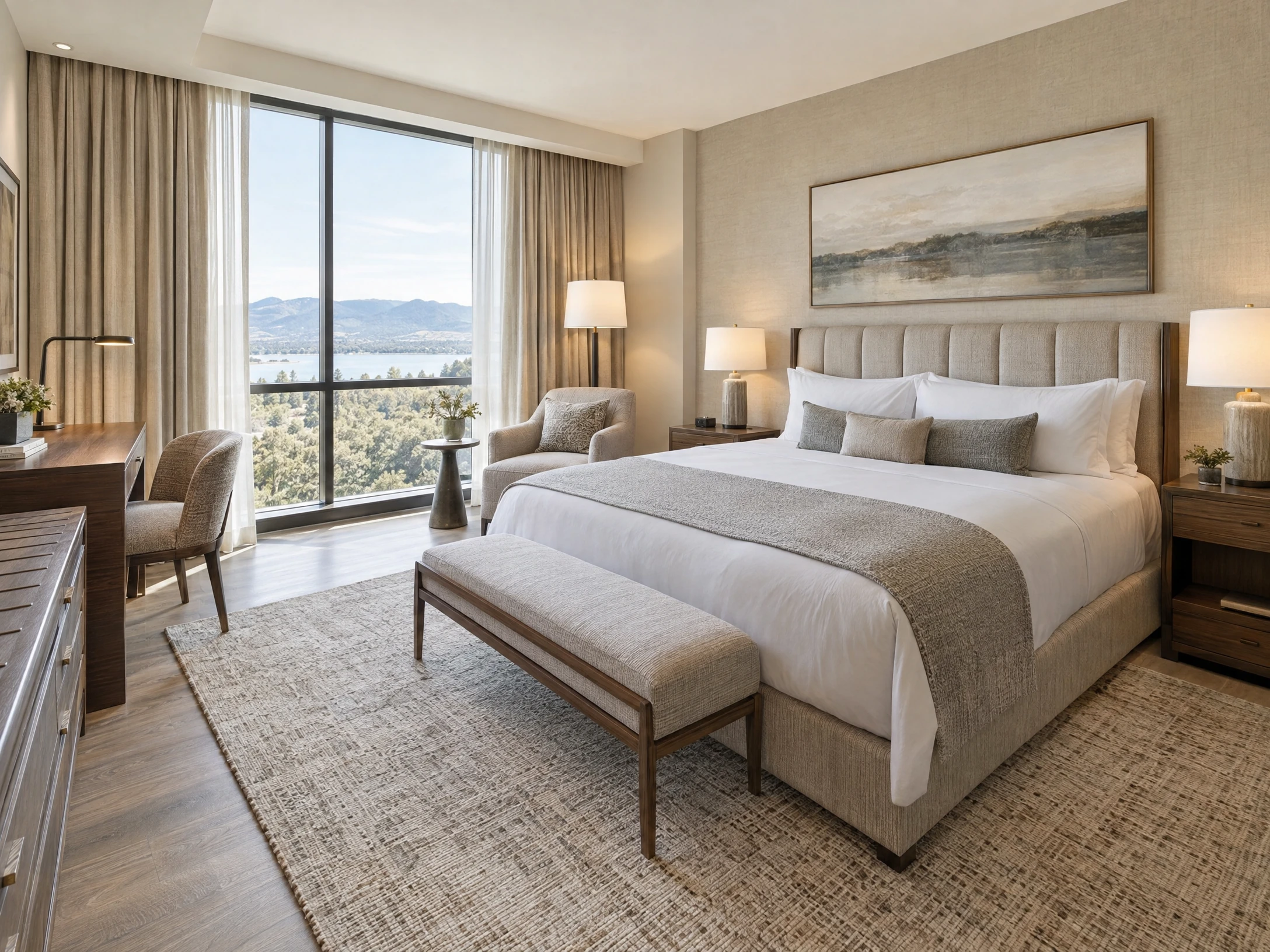 Illustrative photograph of a furnished hotel guest room with a bed, bedside tables, lamps, desk, chairs, and a luggage bench