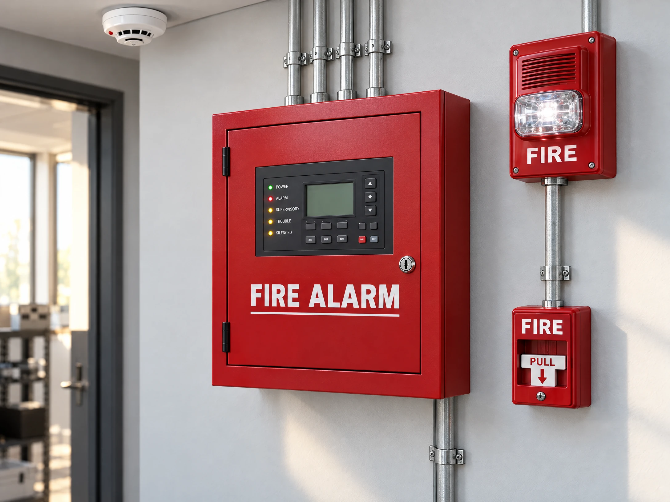 Illustrative photograph of a prominent red fire-alarm control panel, horn/strobe, pull station, and smoke detector